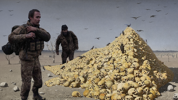 Koláž - 93. mechanizovaná brigáda Ozbrojených sil Ukrajiny a Apoteóza války - Vasilij Vasiljevič Věreščagin (1871).