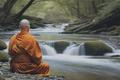 A,Buddhist,Monk,Observing,A,River,Flowing,Gently,,Practicing,Mindfulness,