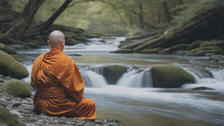 A,Buddhist,Monk,Observing,A,River,Flowing,Gently,,Practicing,Mindfulness,