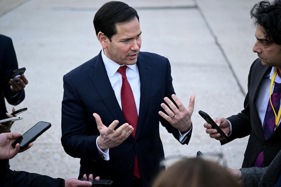 US Secretary of State Marco Rubio speaks to the press following a G7 Foreign Ministers' meeting with Partner Countries before his departure at the Bourget airport