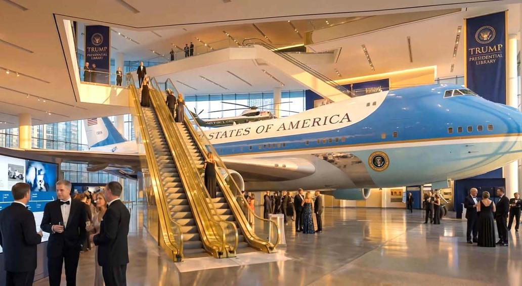 Trump novinářům řekl, že budova s knihovnou bude „s největší pravděpodobností“ zahrnovat také hotel a v jejím vestibulu by měl být vystaven „Boeing 747, Air Force One“.