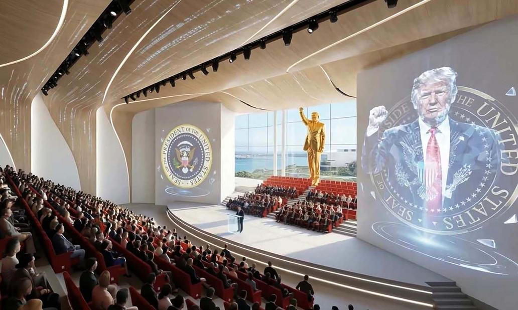 Vizualizace ukazuje typické prvky Trumpova stylu, obří zlatý vstup, víceúrovňové lobby s letounem Air Force One, stíhačkou a vrtulníkem a také nadživotní zlatou sochu Trumpa se zdviženou pěstí v třpytivém, vzdorovitém gestu.
