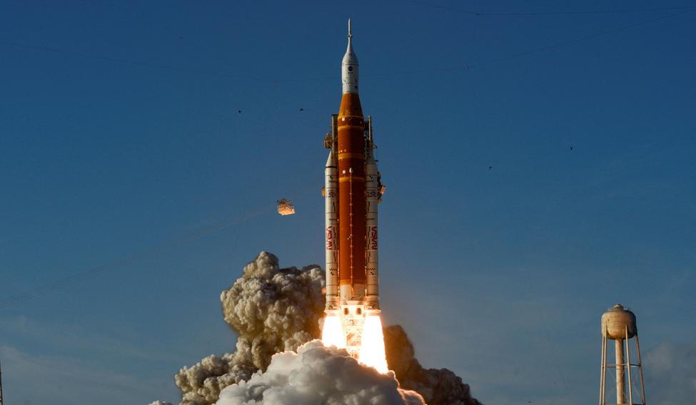 NASA's Artemis II mission to fly by the moon, comprising of the Space Launch System (SLS) rocket with the Orion crew capsule, lifts off