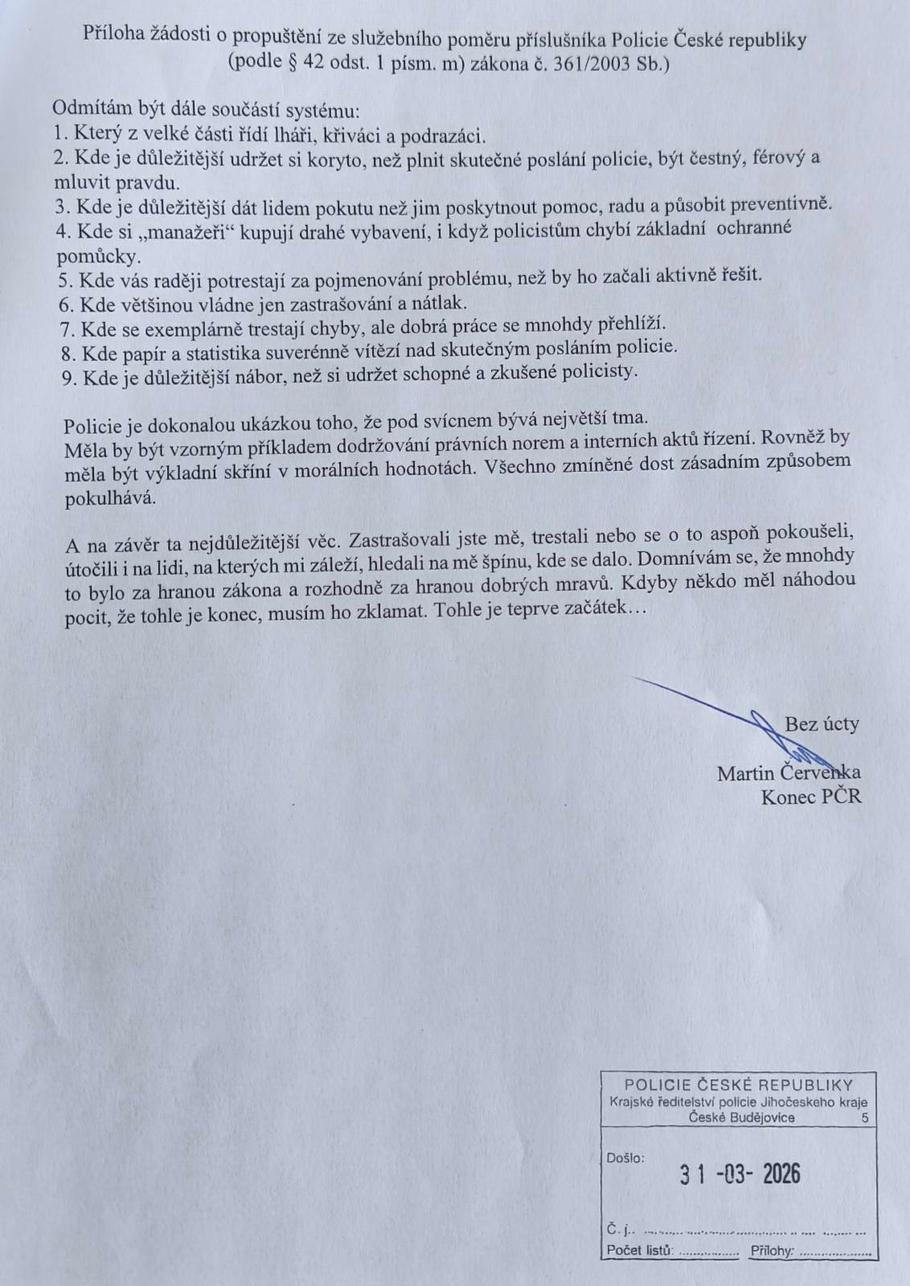 Příloha k žádosti o propuštění ze služebního poměru Martina Červenky.