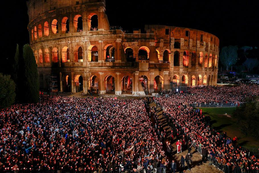 The Via Crucis (Way of the Cross) procession during Good Friday celebrations, in Rome