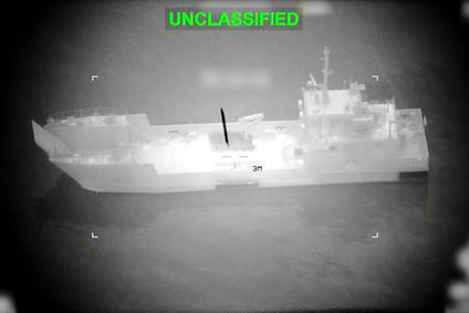 A projectile approaches what U.S. Central Command (CENTCOM) says is an Iranian naval vessel, during strikes that included attacks on mine-laying vessels, at a location given as near the Strait of Hormuz