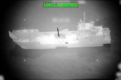 A projectile approaches what U.S. Central Command (CENTCOM) says is an Iranian naval vessel, during strikes that included attacks on mine-laying vessels, at a location given as near the Strait of Hormuz