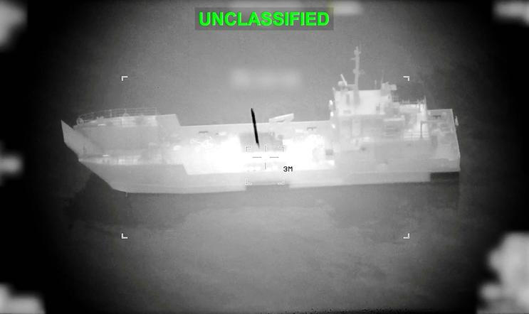 A projectile approaches what U.S. Central Command (CENTCOM) says is an Iranian naval vessel, during strikes that included attacks on mine-laying vessels, at a location given as near the Strait of Hormuz