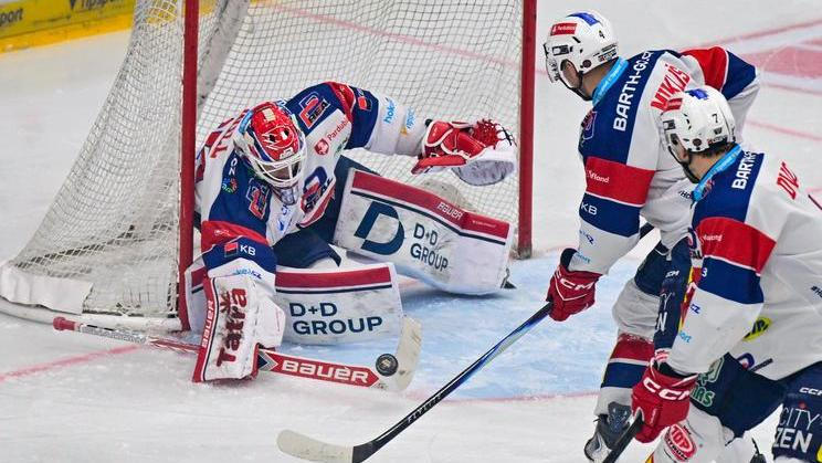 Pardubický brankář Roman Will v akci v zápase na Spartě