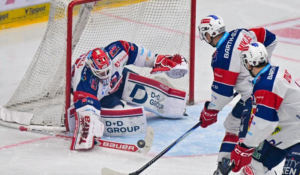 Pardubický brankář Roman Will v akci v zápase na Spartě