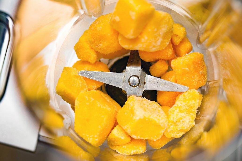 Frozen,Mango,Chunks,In,Blender.,Yellow,Tropical,Fruit,Ready,For