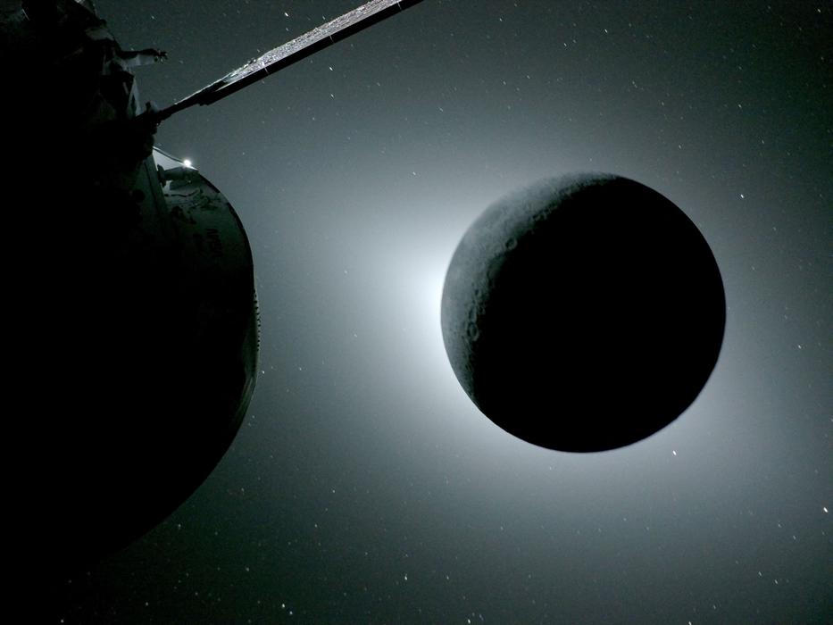 The Moon is seen fully eclipsed by the Sun during the Artemis II crew’s flyby of the Moon