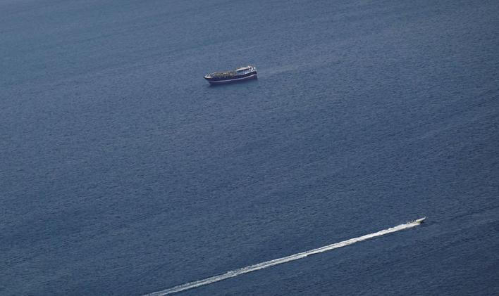 Boats in the Strait of Hormuz amid the U.S.-Israeli conflict with Iran, as seen from Musandam