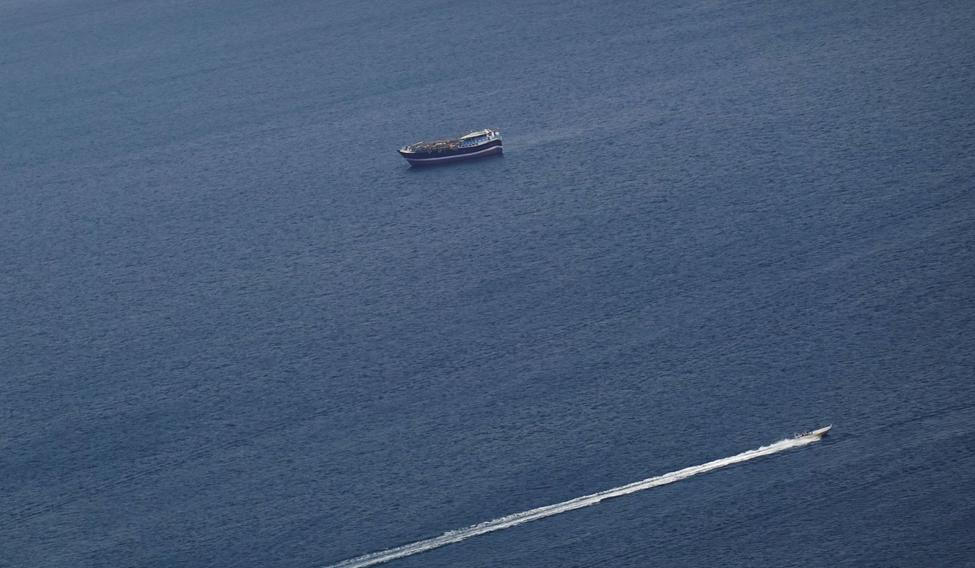 Boats in the Strait of Hormuz amid the U.S.-Israeli conflict with Iran, as seen from Musandam