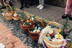 Easter,Baskets,With,Stylish,Painted,Eggs,,Easter,Cake,,Ham,beets,,Butter,