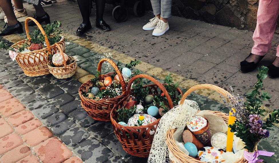 Easter,Baskets,With,Stylish,Painted,Eggs,,Easter,Cake,,Ham,beets,,Butter,