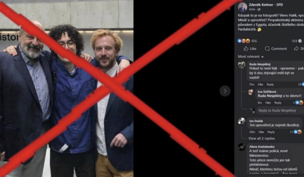 Politik SPD sdílel falešnou fotku Mikuláše Mináře, teologa Tomáše Halíka a údajného teroristy z Pardubic. Nyní se za ni musel omluvit.