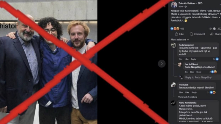 Politik SPD sdílel falešnou fotku Mikuláše Mináře, teologa Tomáše Halíka a údajného teroristy z Pardubic. Nyní se za ni musel omluvit.