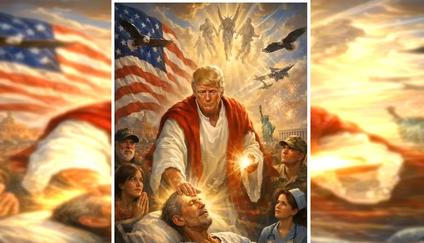 Prezident se hlásí ke křesťanství, i když nikdy netvrdil, že by se pravidelně modlil nebo četl Bibli. V nynějším mandátu se už i dříve odvolával na víru, například když tvrdil, že jeho přežití pokusu o atentát mělo vyšší účel. (AI obrázek, který prezident Trump zveřejnil  na sociálních sítích)