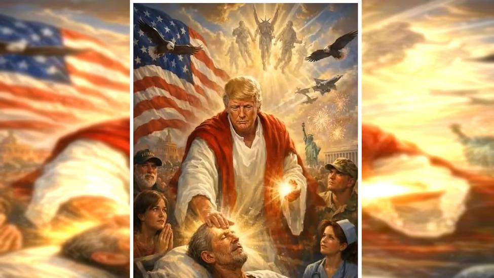 Prezident se hlásí ke křesťanství, i když nikdy netvrdil, že by se pravidelně modlil nebo četl Bibli. V nynějším mandátu se už i dříve odvolával na víru, například když tvrdil, že jeho přežití pokusu o atentát mělo vyšší účel. (AI obrázek, který prezident Trump zveřejnil na sociálních sítích)