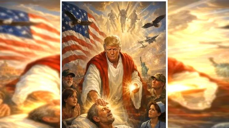 Prezident se hlásí ke křesťanství, i když nikdy netvrdil, že by se pravidelně modlil nebo četl Bibli. V nynějším mandátu se už i dříve odvolával na víru, například když tvrdil, že jeho přežití pokusu o atentát mělo vyšší účel. (AI obrázek, který prezident Trump zveřejnil na sociálních sítích)