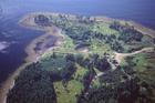Aerial photograph of Oak Island and money pit, Nova Scotia taken in 1983