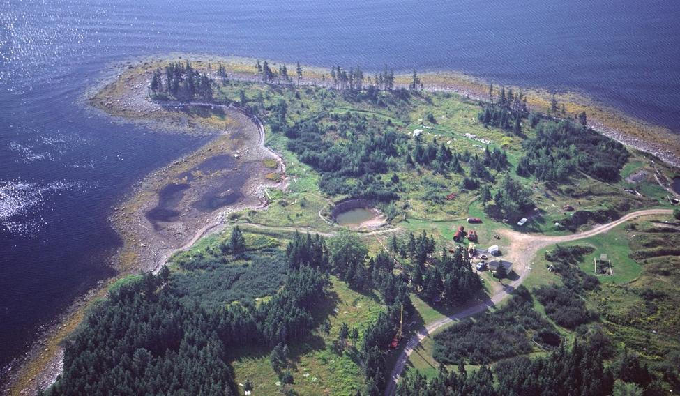 Aerial photograph of Oak Island and money pit, Nova Scotia taken in 1983