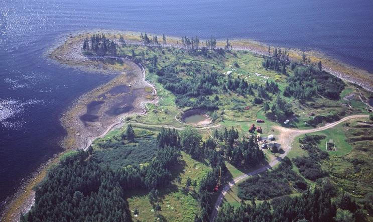 Aerial photograph of Oak Island and money pit, Nova Scotia taken in 1983