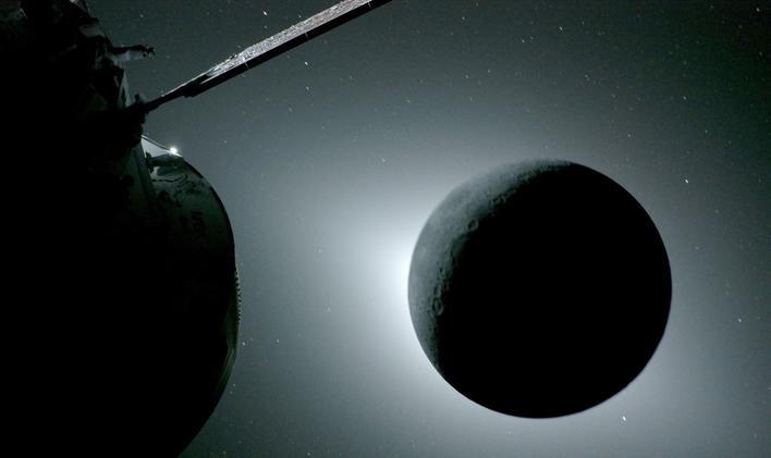 The Moon is seen fully eclipsed by the Sun during the Artemis II crew’s flyby of the Moon