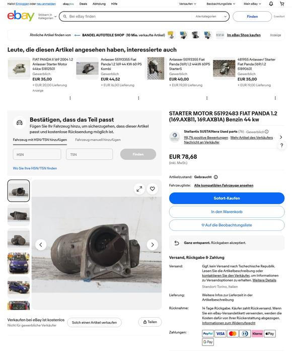 Nabídka náhradních dílů koncernu Stellantis na portálu eBay