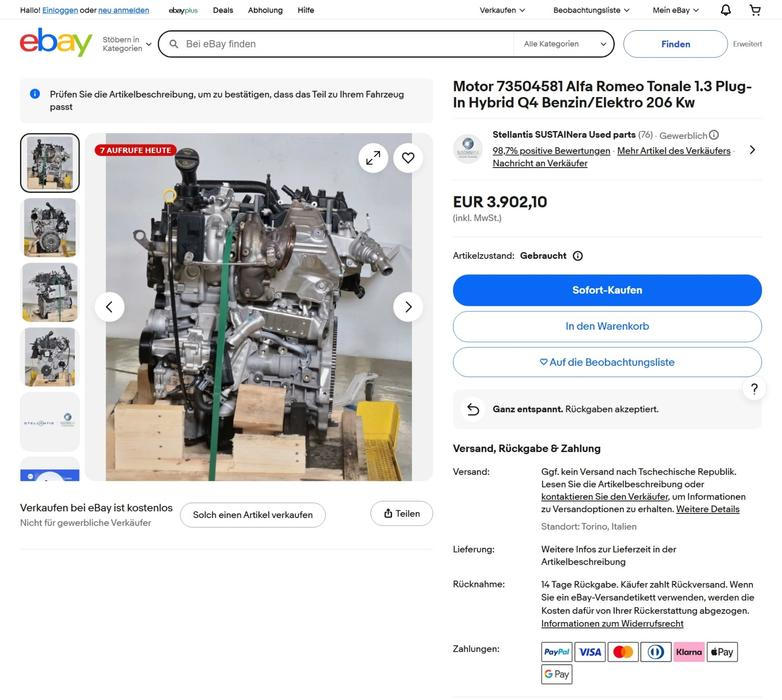 Nabídka náhradních dílů koncernu Stellantis na portálu eBay