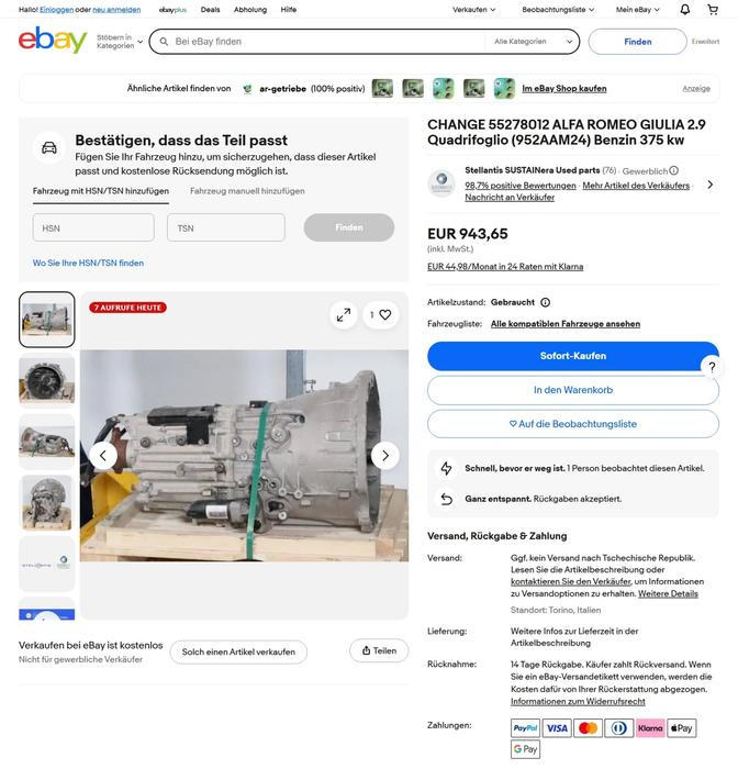 Nabídka náhradních dílů koncernu Stellantis na portálu eBay