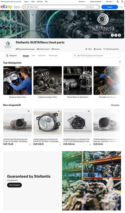 Nabídka náhradních dílů koncernu Stellantis na portálu eBay