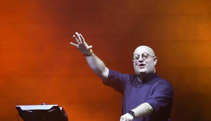 DJ Padre Guilherme performs during tribute to Pope Francis ahead of the first anniversary of the pontiff’s death, in Buenos Aires