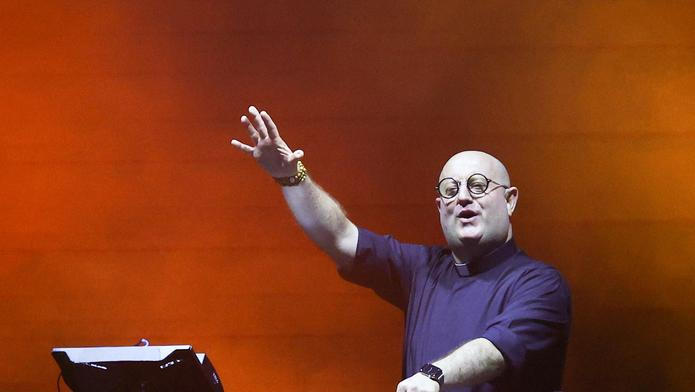 DJ Padre Guilherme performs during tribute to Pope Francis ahead of the first anniversary of the pontiff’s death, in Buenos Aires