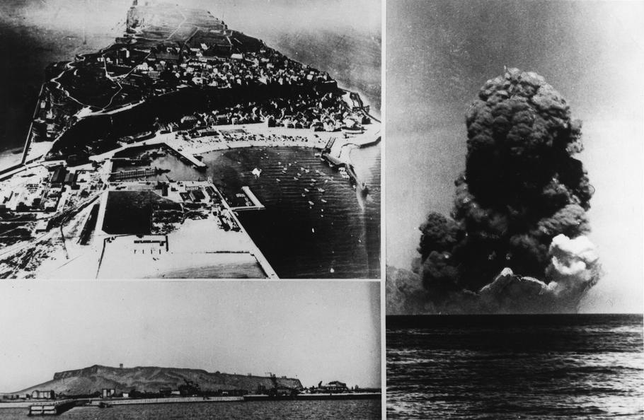 Pohled zprava na pokus Britů vyhodit ostrov do povětří dne 18. 4. 1947; vlevo nahoře pohled před zničením během druhé světové války; vlevo dole pohled před navrácením ostrova Německu v roce 1952. Helgoland: Views and blasting attempt 1947...