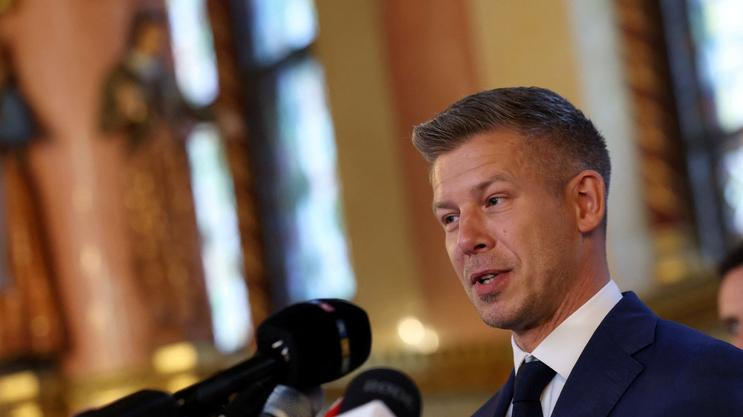 Hungary's election winner Magyar talks to the media after talks between parties on preparations for the first session of the Parliament in Budapest