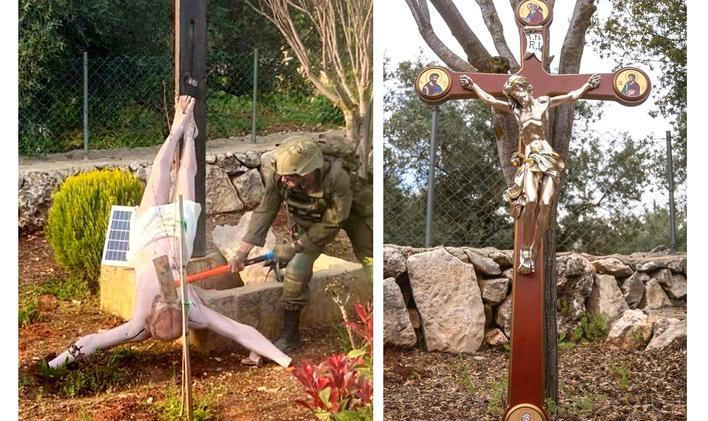 Izraelský voják rozbíjí sochu  Ježíše a náhrada za zničenou sochu.