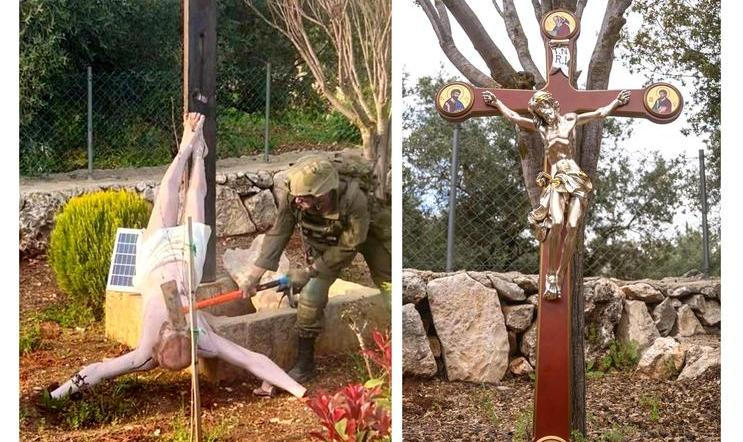 Izraelský voják rozbíjí sochu  Ježíše a náhrada za zničenou sochu.