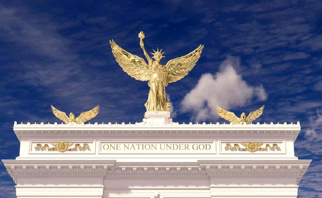 Zlatý nápis „Jeden národ pod Bohem“ (One nation under God) je fráze z přísahy věrnosti USA.