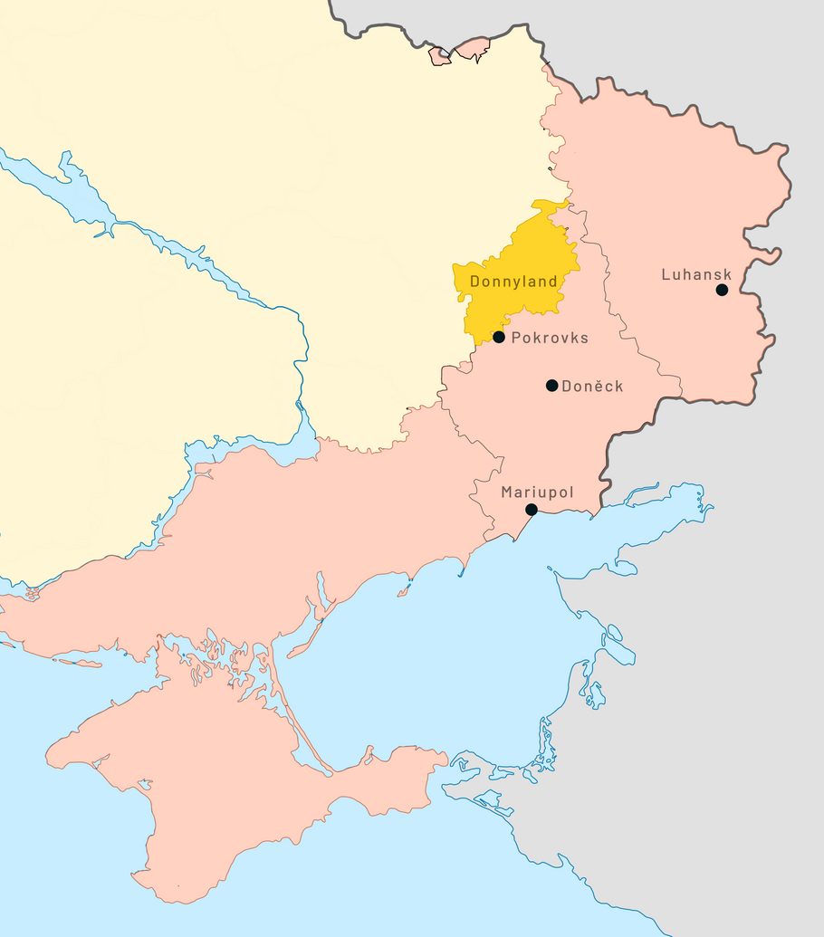 Situace války na Ukrajině a poloha Donnylandu, stav ke 22. dubnu 2026.