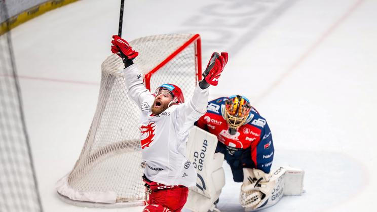 David Musil slaví gól ve finále Třinec - Pardubice