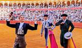 French mounted bullfighter Lea Vicens performs at the Maestranza bullring in Seville