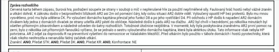 Zpráva rozhodčího v zápisu o utkání Prostřední Bečva - Horní Bečva