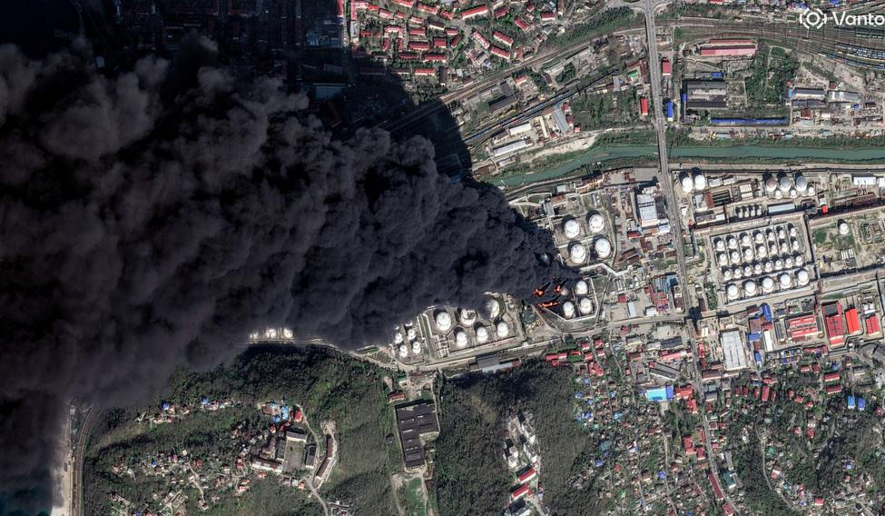 A satellite image shows smoke billowing, following drone attacks on a Russian oil facility in the Black Sea port of Tuapse