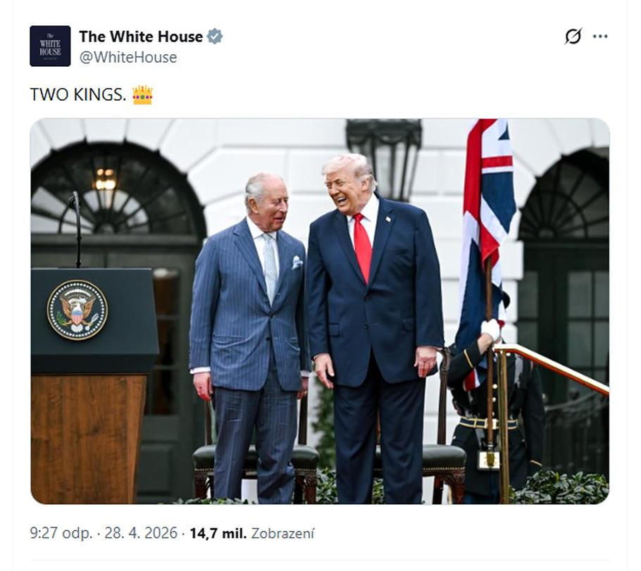 Bílý dům zveřejnil na síti X příspěvek s fotkou krále Karla III. a prezidenta Trumpa s popiskem „Dva králové“.