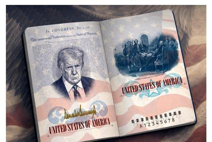 Americký pas pro patrioty s podobiznou Donalda Trumpa, limitovaná edice k výročí America250.