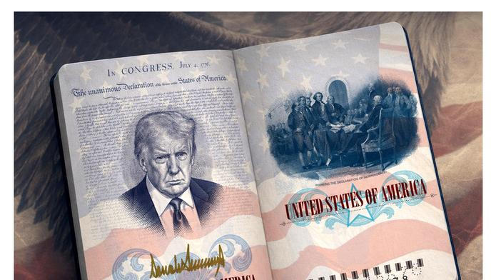 Americký pas pro patrioty s podobiznou Donalda Trumpa, limitovaná edice k výročí America250.