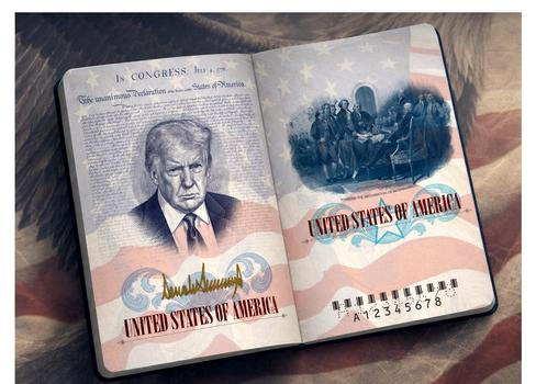 Americký pas pro patrioty s podobiznou Donalda Trumpa, limitovaná edice k výročí America250.