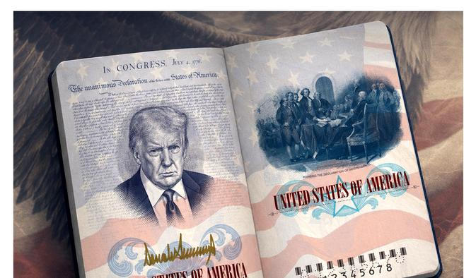 Americký pas pro patrioty s podobiznou Donalda Trumpa, limitovaná edice k výročí America250.